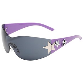 Ehoomely Y2K Sunglasses for Women Men Trendy Shield Wrap Around Sun Glasses Rimless Star Sunglasses Oversized Glasses Shades (Purple Grey)