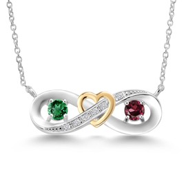925 Silver and 10K Yellow Gold 2-Tone Green Nano Emerald Red Rhodolite Garnet and Lab Grown Diamond Heart Interlocking Infinity Symbol Pendant Necklace For Women (0.73 Cttw, with 18 Inch Chain)