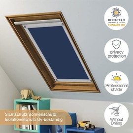 OBdeco Thermal Roller Blind, 100% Blackout Sun Protection, Blackout Roller Blind for Velux Roof Windows, Heat Protection, No Drilling, with Suction Cups, Dark Blue, 76 x 93 cm, for P06/406
