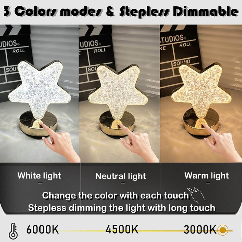 Star Bedside Table Lamp Cordless Rechargeable 3 Color Stepless Dimmable