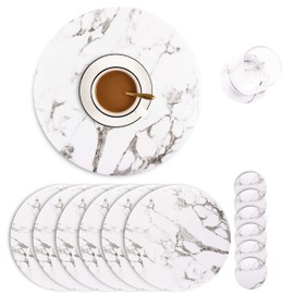 Set of 6 Marble Round Placemats and Coasters, Faux Leather Waterproof Table Mats, Easy to Wipe Off for Kitchen Dining Round Table