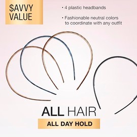 Conair Scunci by Conair Effortless Beauty Skinny headband -plastic Headbands for Women and Men - hair accessories for women - Neutral Colors - 4 Count