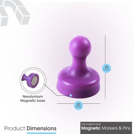 7 x Extra Strong Magnetic Push Pins Neodymium Magnets - Perfect for Maps, Whiteboards, Memos, Fridges, Homes, Schools and Offices [Assorted Colours] (Purple, Large (7 Pins))