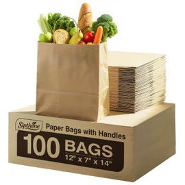 Sipthene Sipthene Paper Grocery Bags with Handles (100 Pcs Bulk) 12x7x14 Inches, Large Brown Paper Bags 57 Lbs Basis - Heavy Duty Kraft Paper Sacks for Shopping, Retail, Takeout, To Go
