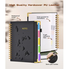 Hardcover Spiral Notebook journal with Removable Dividers Tabs, 300 Pages Leather 5 Subject Notebook College Ruled, 8"x10" Large B5 Notebooks for Work School Note taking, Lined Journal for Women,Black:_Black 