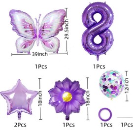 Purple 8th Birthday Decorations for Girls，Butterfly Number 8 Balloons Set, Butterfly Party Decoration Supplies. (Purple 8)
