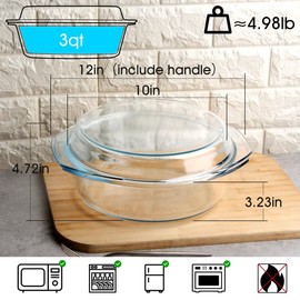 NUTRIUPS 3QT Round Glass Casserole Dish with Lid, Tempered Glass, 10inch Large Glass Microwave Bowls with Lid