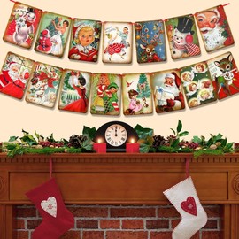 UCLEVER 15pcs Christmas Vintage Banner Bunting Decorations - Merry Christmas Banner Indoor for Holiday Home Office Party Fireplace, Christmas Party Supplies (Square)