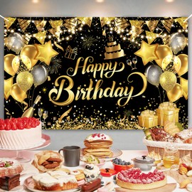 Birthday Banner Black Gold, Waylipun Birthday Party Decorations, Birthday Banner Background Banner for Boys Girls Woman Man, 180 x 110 cm