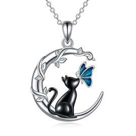 VONALA Cat Necklace for Women 925 Sterling Silver Black Cat Necklace Blue Butterfly Cat Jewellery Gifts Birthday Gifts for Women Cat Lovers Woman, Medium, Sterling Silver, Cubic Zirconia