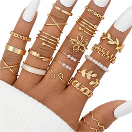 XUZOPIM 21 Pieces Knuckle Rings Set for Women Girls Snake Chain Stacking Ring Vintage Boho Midi Rings Size Mixed Finger Rings Women's Set Finger Midi Ring Rings Gold Set Suitable for Men and Women