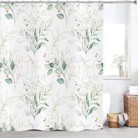 GCIREC Eucalyptus Leaf Shower Curtains, Weighted Bottom Sage Green Watercolor Botanical Plants with Gold Branches Spring Fabric Bathroom Curtain Home Decor Waterproof Washable with 12 Hooks,72"x72"