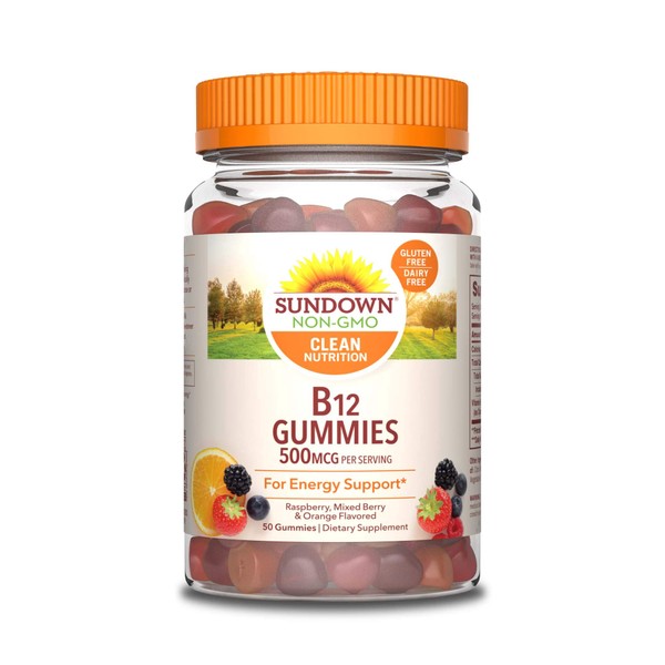 Sundown Vitamin B12 Gummies, Supports Energy Metabolism, Raspberry, Mixed Berry and Orange Flavors, 50 Count