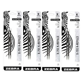 Zebra Pen Ballpoint Pen Refills K-Refills For X-701, 0.7 mm, Black ink, 4 Pack, 8 refills total