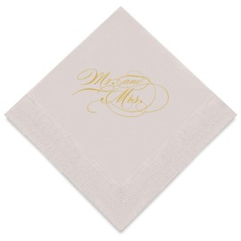 Weddingstar 3-Ply Gold Foil Cocktail Napkins Grey - Mr and Mrs Script
