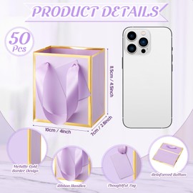 Yeaqee 50 Pcs Mini Gift Bags Tiny Small Metallic Foil Paper Gift Bag with Handle 4x2.75x4.5'' Gift Bag with Tag for Wedding Graduation Baby Shower(Light Purple, Gold)