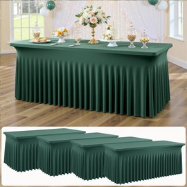 4 pk Hunter Green Spandex Tablecloth for 6 Foot Rectangle Tables, Wrinkle Free Fitted Spandex Table Covers 6ft Green Stretch Table Cloths with Ruffle Skirt for Parties Weddings Banquet Baby Shower