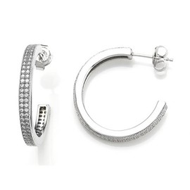 Zoe R Sterling Silver Micro Pave Hand Set Cubic Zirconia Two Row Medium Hoop Earrings