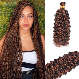 Ombre Brown Human Braiding Hair Water Wave 2 Bundles/Pack 100g 18 Inch, Dark Brown Bulk Human Hair Braiding Hair for Boho Braids Curly Wet and Wavy Bohemian Human Hair for Braiding Non Weft