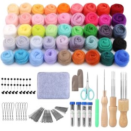 Fieltro de Aguja de 45 Colores, Kit de Fieltro de Aguja Con Bolsa de Almacenamiento, Kit Completo de Fieltro de Aguja de Arranque con Agujas, Guardadedos, Tijeras de Mango de Madera, Bolsa