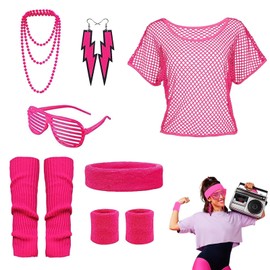 80er Jahre Outfit Damen Rosa Set, 80er Jahre Outfit Damen Netzoberteil, 80er Jahre Kostüm Outfits Zubehör, 80er Jahre Outfit Damen Party, für 80 Jahre Thema Party Karneval (Rosenrot)