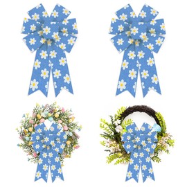 Hying 2PCS Spring Flower Bows for Wreath, Blue Floral Wreath Bows for Spring Décor, Blue White Flower Bows for Front Door Indoor Outdoor Wall Tree Topper Decoration Supplies Ornament