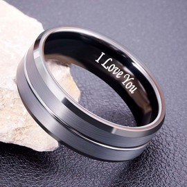 Black Mens Wedding Band 8mm Tungsten Rings For Men Promise Ring For Him Engagement Ring Comfort Fit Engraved ‘I Love You’ Size 8.5