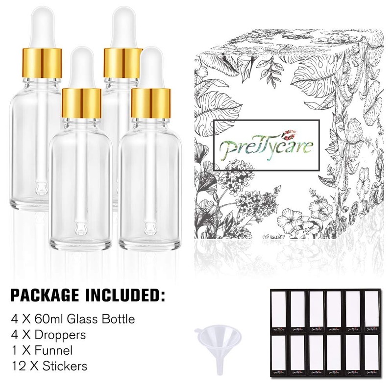 PrettyCare 2 oz Dropper Bottles, 4 Pack Clear Glass Bottles