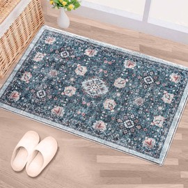 Mcadore 2x3 Area Rugs Washable Boho Rug, Non Slip Carpet for Living Room, Bedroom, Kitchen, Soft Low-Pile Rug, Indigo/Floral…