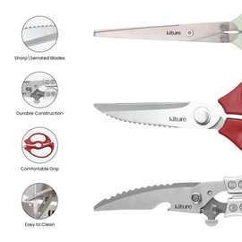 Heavy Duty Kitchen Shear with Bonus MultiPurpose and Herb Scissors 420 Stainless Steel for Chicken, Meat, Fish and Poultry Gift Set with Kitchen Shears for Food and Herbs Scissors by Kiture