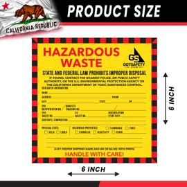 Hazardous Waste Labels California According to Federal Laws, 6" x 6" Pack of 100, Yellow and Red Label Self-Adhesive Hazardous Waste Signs Weatherproof Easy to Use On Hazardous Waste Containers.