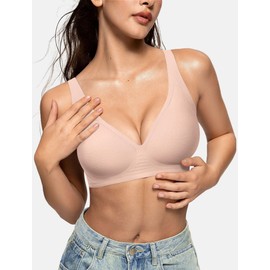 OEAK Womens Deep V Bras Wireless Comfortable Bra Supportive No Underwire Bras Tshirt Push Up Bralettes Plunge Seamless Bra L Jacquard Nude