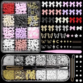 Bows Nail Charms and Pearls Gems, Alloy Silver Gold Butterfly Nail Charms, Color Bows Flower Nail Art Charms, Pearls Gems Silver Gold Nail Art Studs Rivets for DIY Nail Art with Pickup Tools