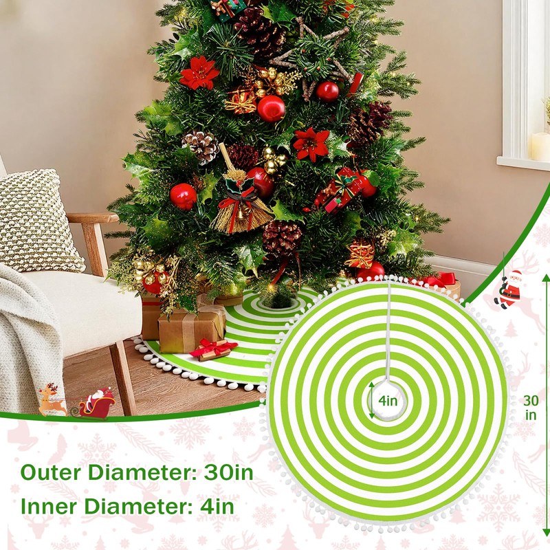 30 Inch Green and White Christmas Tree Skirt with Pom