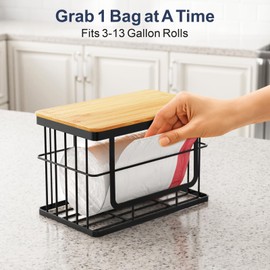 iSPECLE Garbage Bag Holder - 1 Pack Trash Bag Holder with Bamboo Top for 13 Gallon Garbage Bag, Pull Out One Bag at A Time, Easy to Install, Trash Bag Dispenser for Kitchen Bathroom, Small