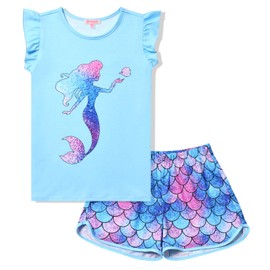 QPANCY Girls Mermaid Pjs Summer Pajama Sets Flutter Sleeve Kid Cotton Sleepwear,Size 6 7