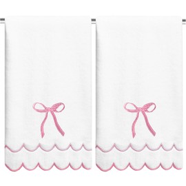 laoyuandamai 2 Pcs Pink Coquette Bow Bath Towels for Bathroom 100% Cotton Cute Preppy Embroidered Scalloped Decorative Bath Towels Soft Absorbent Towel for Bathroom Hotel Spa Sport Yoga (27 * 54inch)