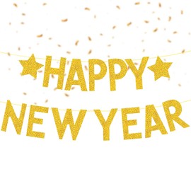 Happy New Year Banner, Glitter Golden Sparkling Star Banner, New Year's Eve, Evening Party, Home, Office, Fireplace, Indoor and Outdoor Holiday Decoration Supplies