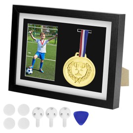 QWORK Medal Display Shadow Box - 1 Medal Display Case and 1 Photo, Black A4 Size, Ideal for Runners, Marathon Winners, and All Sports