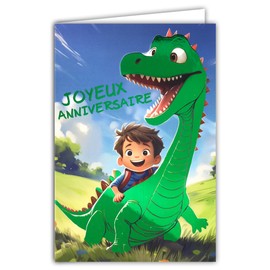 67-1281 Happy Birthday Card Boy on the Back of a Dinosaur Green Glossy Illustration Youth Creature Fantasy Monster Dragon with White Envelope Size 12 x 17.5 cm – Made in France