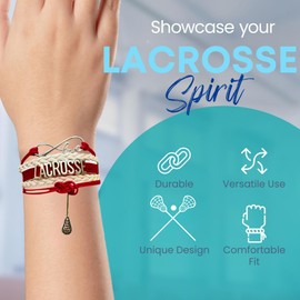 SportyBella Lacrosse Bracelets - Adjustable Charm Bracelet with Infinity Symbol & Silver Lacrosse Stick Charm. Friendship Bracelet Gifts for Players, Teams & Coaches. (Red/ White)