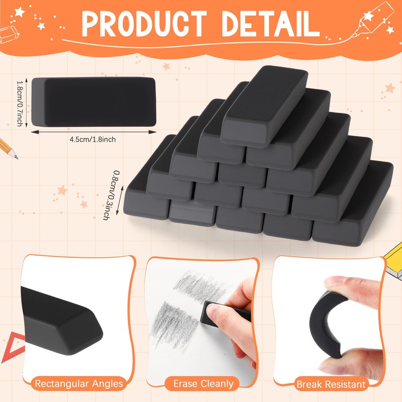 wearage 72 Count Black Pencil Erasers Bulk Latex Rectangular Rubber