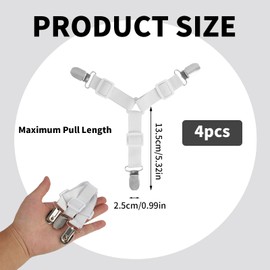 Aifrymne Adjustable Bed Sheet Fasteners Set, 4PCS Heavy Duty Elastic Mattress Sheet Clips with 3 Clips Each, White - Keeps Bedding Sheets in Place, for Mattress Covers, Tablecloths, and More