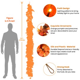 SHareconn 9ft Fall Garland with Lights, Autumn Leaves Garland with Realistic Pumpkins, Thanksgiving Decorations for Mantle Home Party Wedding Table Porch Indoor Outdoor, Orange, 9 FT