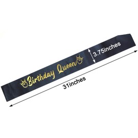 BLUPLE Birthday Queen Sash for Girls and Women Black "Birthday Queen" Satin Sash with Gold Glitter Lettering Party Favors, Supplies and Decorations (1)