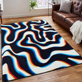 Aldopein Trippy Abstract 3x5 Area Rug Soft Thin Funky Aesthetic Wavy Stripes Swirl Throw Rug Colorful Black White, Retro Cool Geometry Washable Carpet for Kitchen Entryway Bedroom Dorm