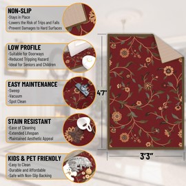 Ottomanson 3'3" x 4'7" Rugs for Living Room Floral Area Rug for Bedroom - Non Slip Durable Large Floor Carpet for High Traffic Areas - Indoor Rug for Dining Room Kitchen Kids Playroom, Red