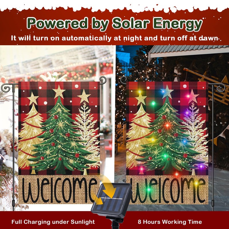 Lighted Christmas Garden Flag 12x18 Double Sided, 8 Modes Solar