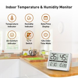 Wisebee Digital Temperature and Humidity Meter for Baby Room, Living Room, Large Screen and Clear Display, Simple Magnetic Installation, Facial Expressions, Time Display, Battery Powered (White)