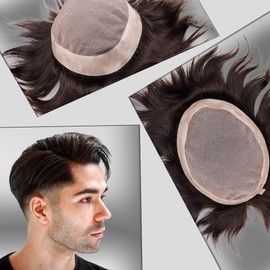 Civmo #2 Darkest Brown Color Fine Mono Human Hair Mens Toupee Hairpiece Poly Skin Around Hair System Durable NPU Monofilament Wig Hair Toupee for Men (5x7)